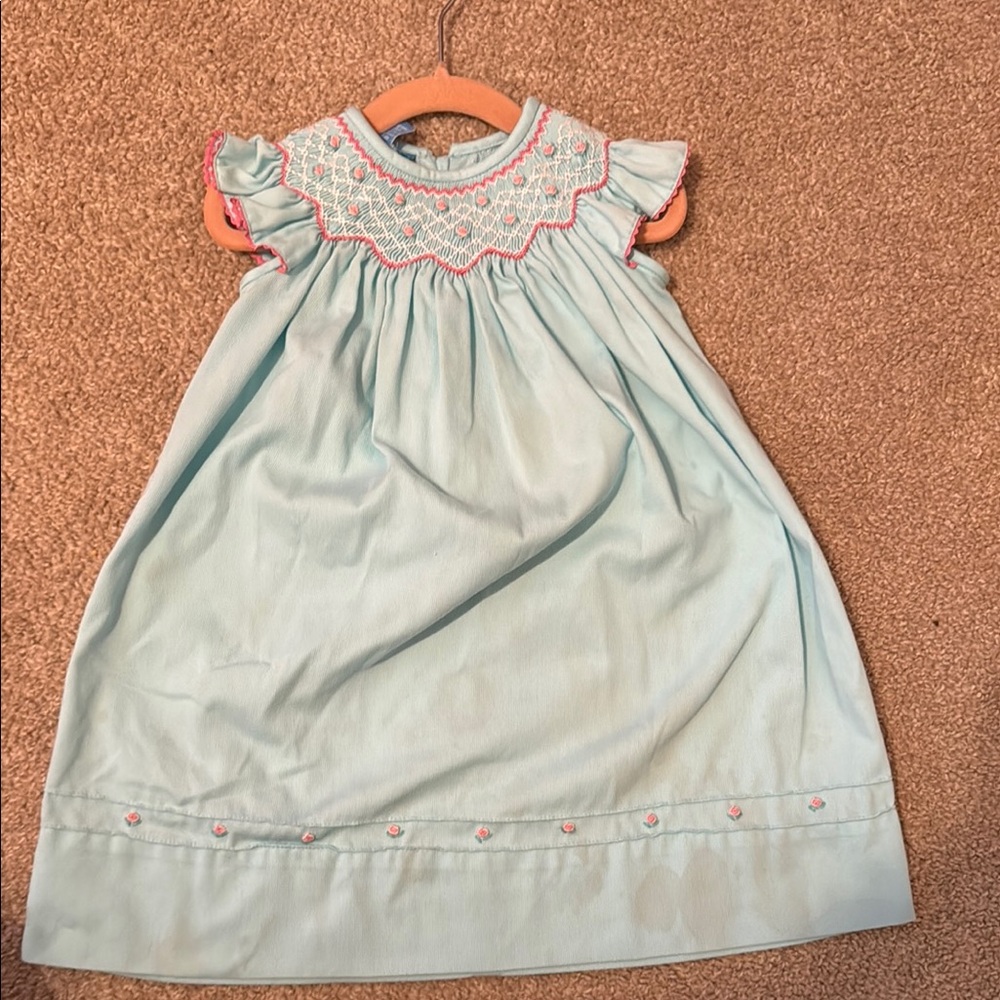 Light Blue Hand Smocked Baby Dress with Pink Accents